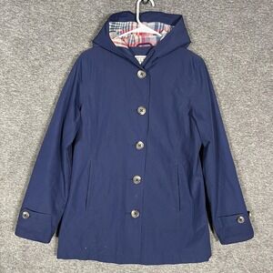 L.L.Bean Easy Care Macintosh Coat Womens XS Navy Flannel Lined Hooded Button